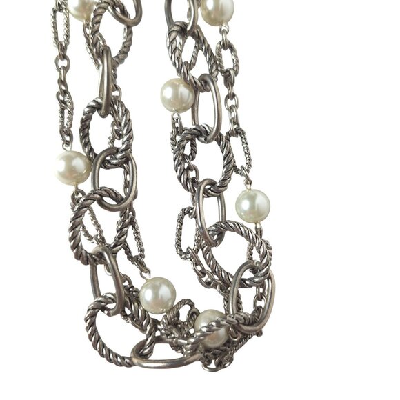 Vtg Multi-Strand Silver Chain & Pearl Statement Necklace Layered Elegant Jewelry - Picture 2 of 4